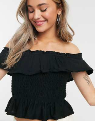 black shirred bardot top