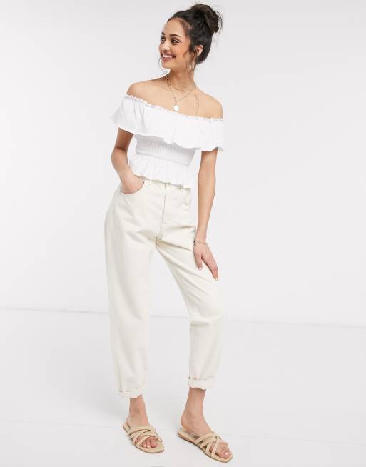 Miss Selfridge shirred bardot top in white, 4 of 4