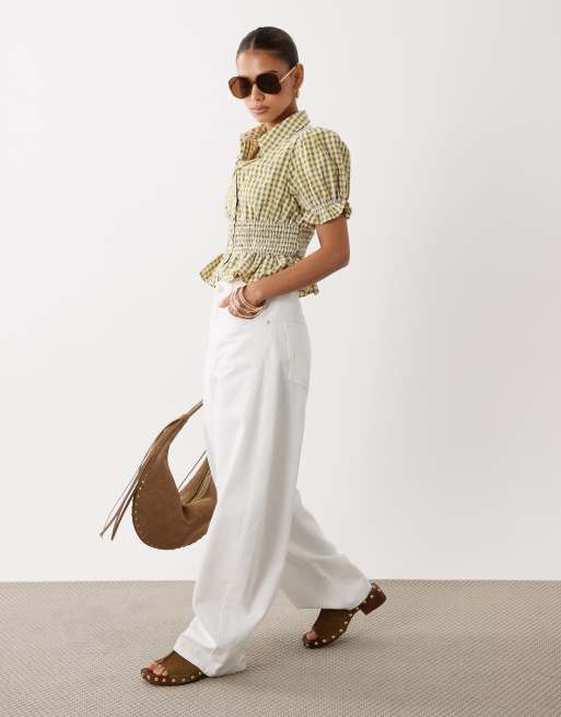 Miss Selfridge shirred blouse co-ord in sage gingham, 2 of 4