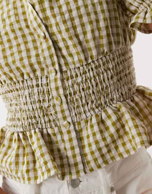 Miss Selfridge shirred blouse in sage gingham - part of a set, 3 of 4