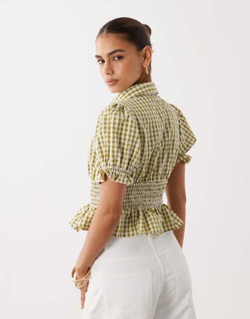 Miss Selfridge shirred blouse in sage gingham - part of a set, 4 of 4