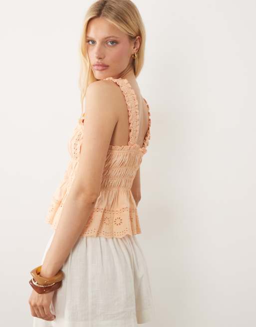 Miss Selfridge shirred broderie cami top in apricot, 4 of 4