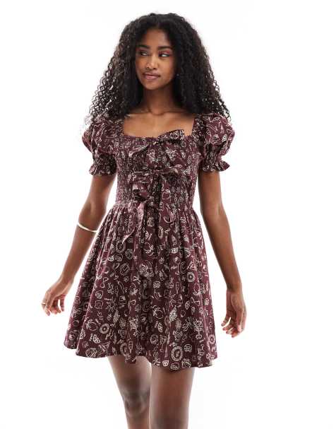Miss Selfridge shirred bust tie front mini dress in brown holiday print - view 1