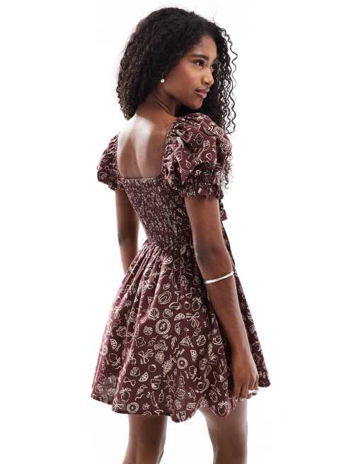 Miss Selfridge shirred bust tie front mini dress in brown holiday print, 4 of 4