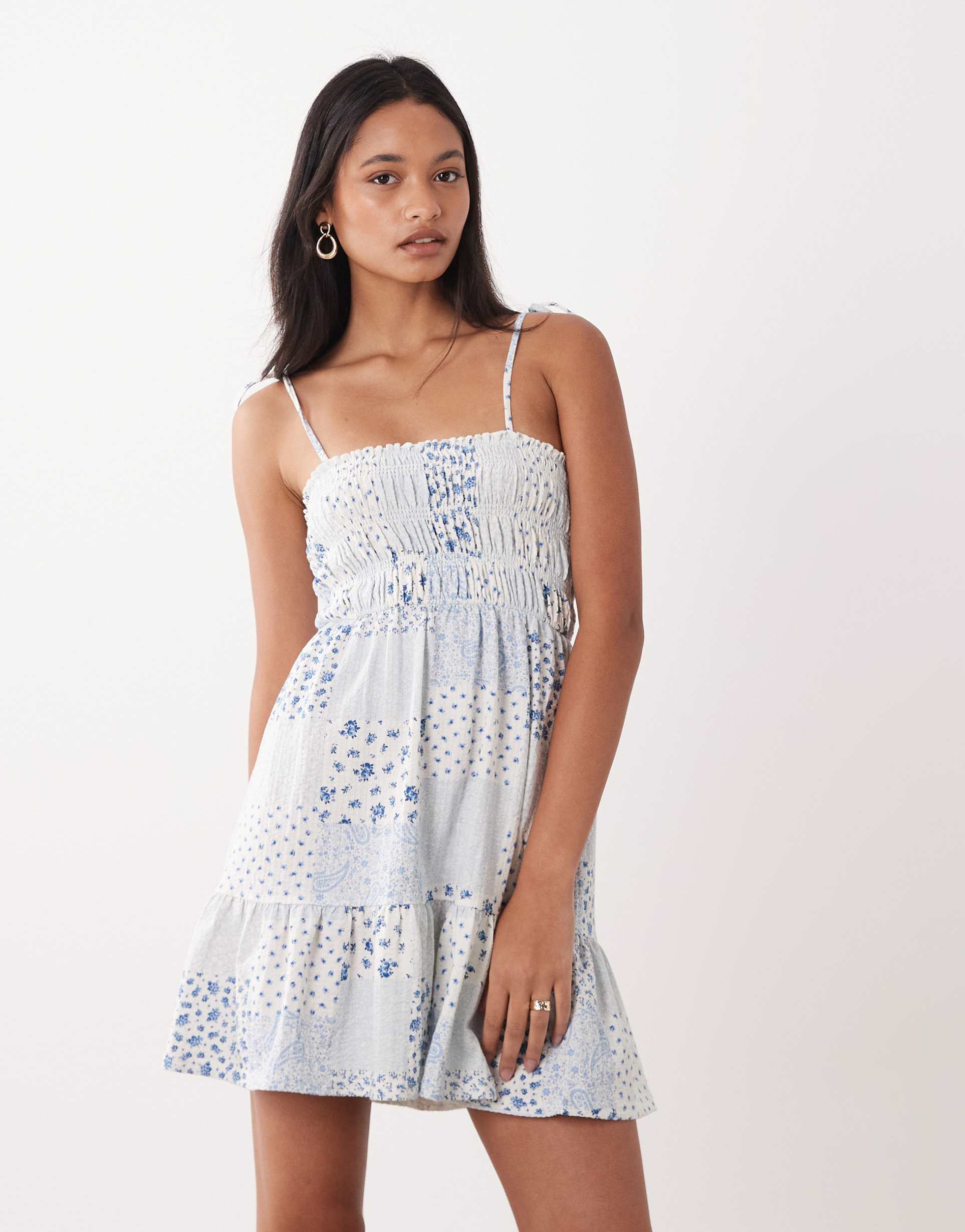 miss selfridge shirred cami mini dress in patchwork print