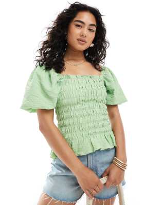 shirred detail blouse in green