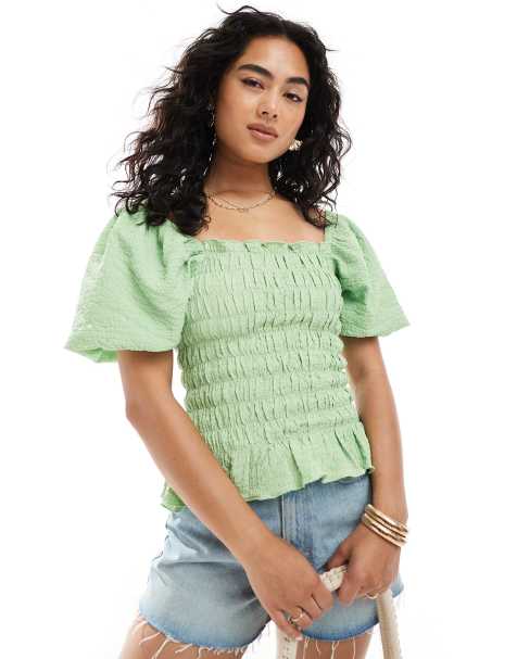 Miss Selfridge shirred detail blouse in green - view 1
