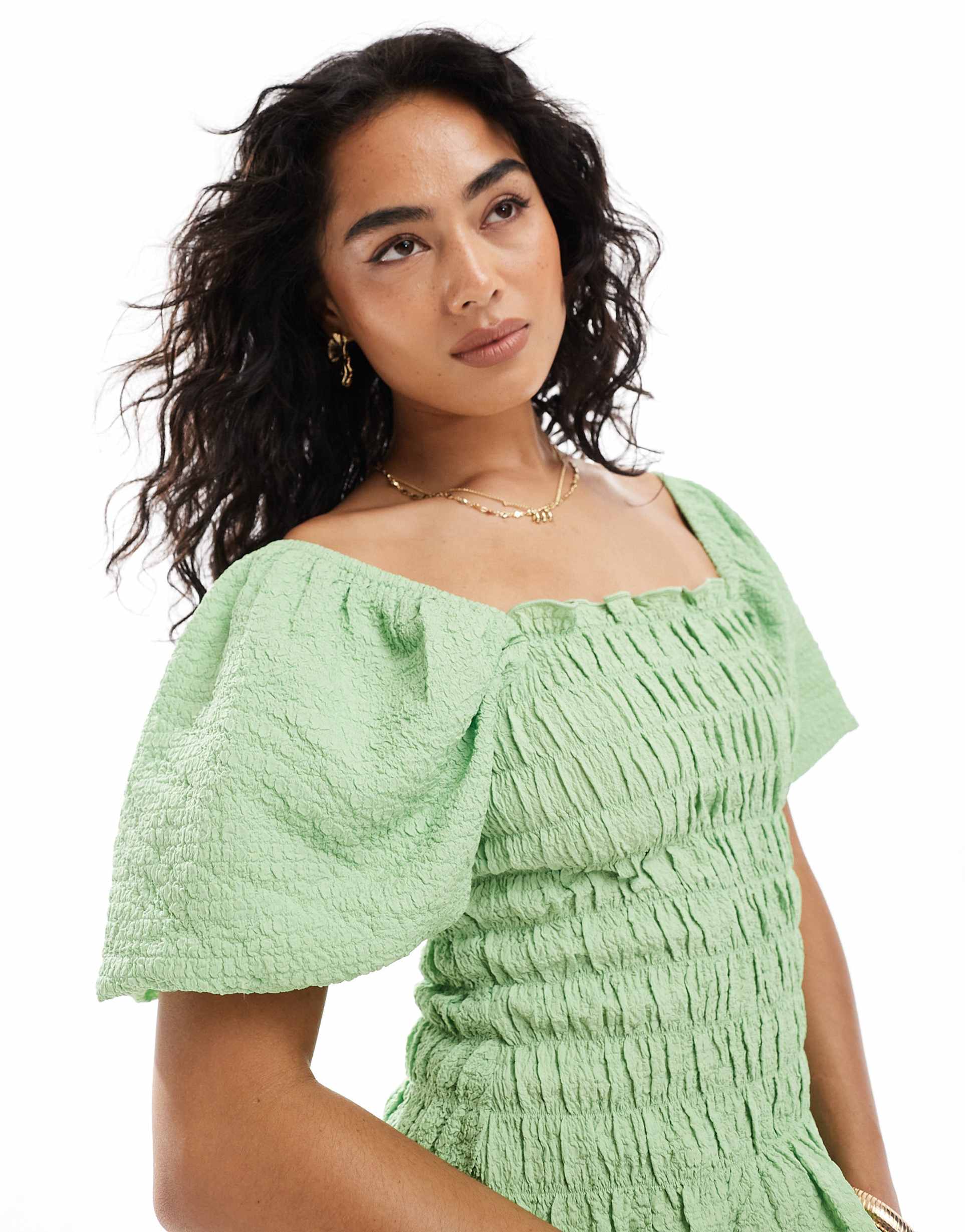 miss selfridge shirred detail blouse in green