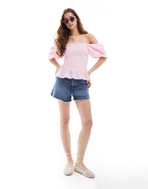 Miss Selfridge shirred detail blouse in pink and white stripe