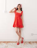 [Miss Selfridge] Miss Selfridge shirred detail tie shoulder mini dress in red-Multi 12 RED