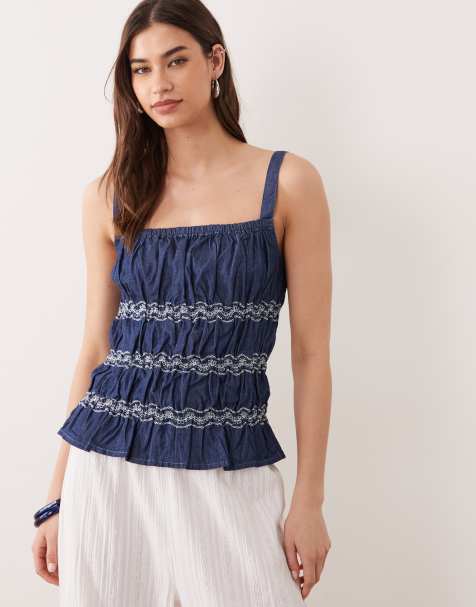 Miss Selfridge shirred embroidered cami top in blue wash - view 1