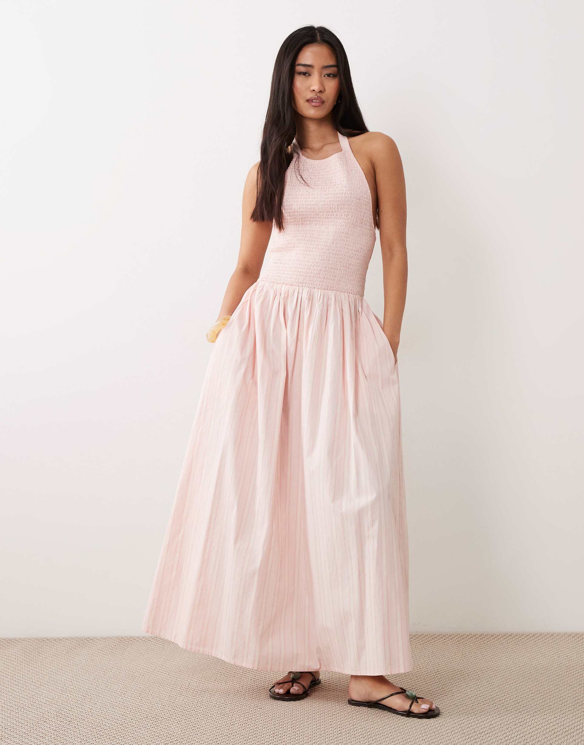 miss selfridge shirred halter poplin maxi dress in pink stripe