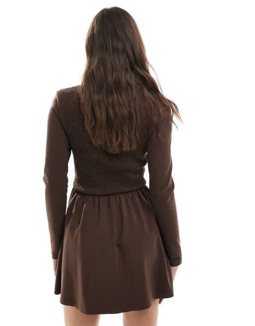 Miss Selfridge shirred long sleeve mini dress in chocolate brown, 3 of 4