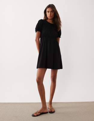 Miss Selfridge Shirred Mini Smock Dress In Black