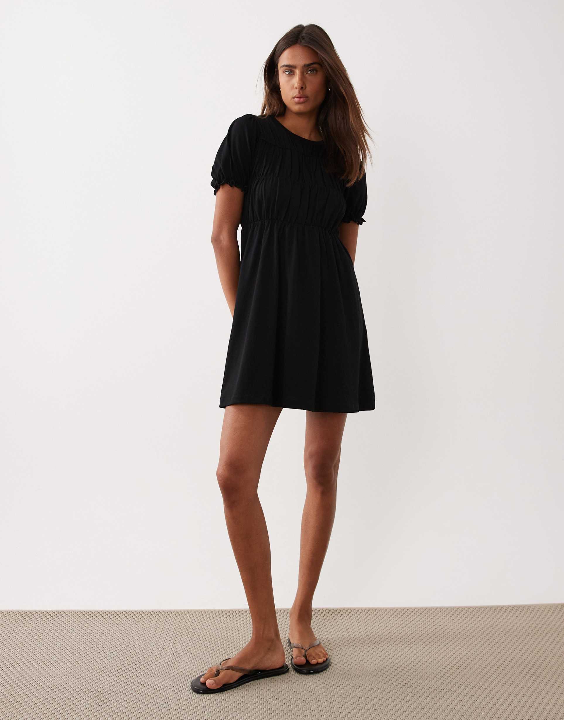 miss selfridge shirred mini smock dress in black