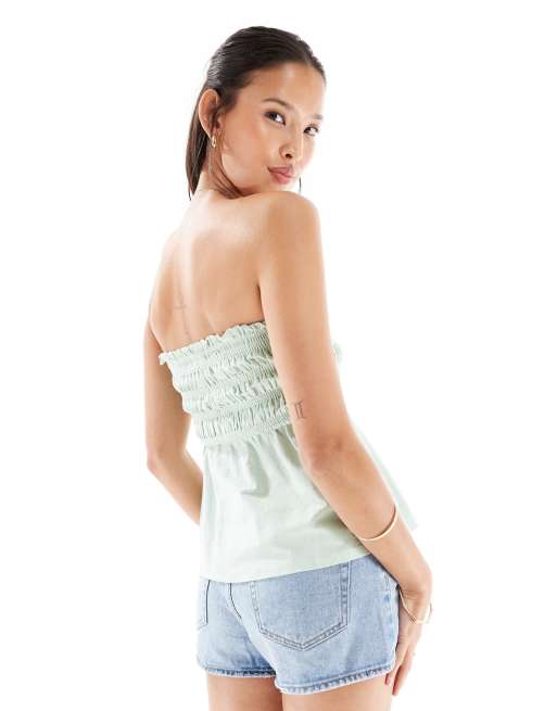 Miss Selfridge shirred peplum detail top in sage, 2 of 4