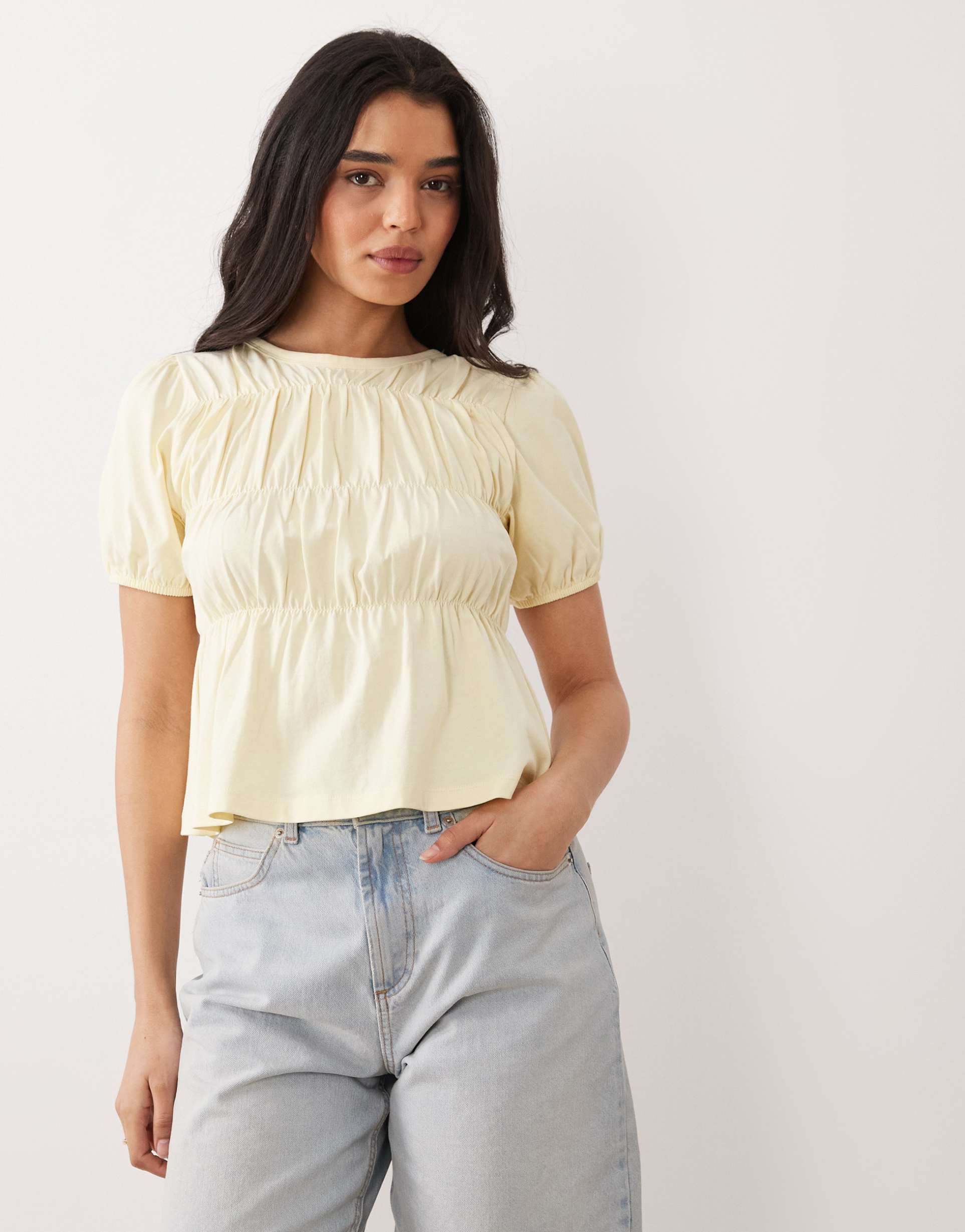 miss selfridge shirred peplum top in buttermilk