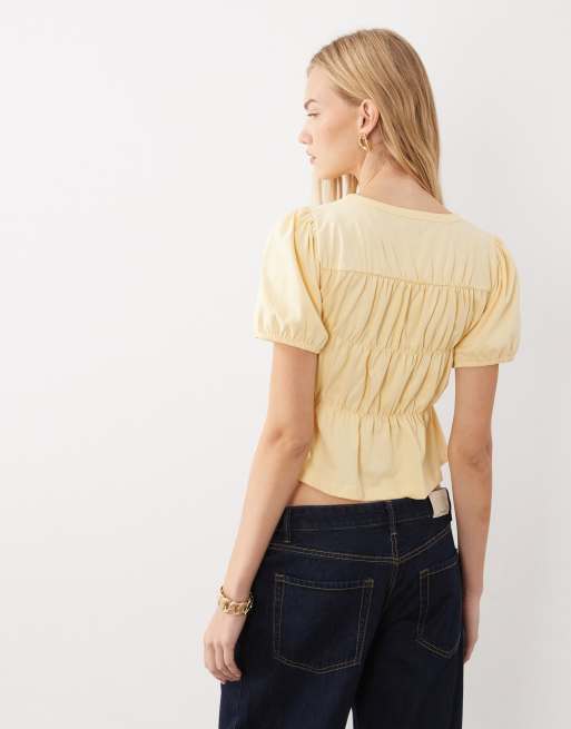 Miss Selfridge shirred peplum top in buttermilk, 3 of 4