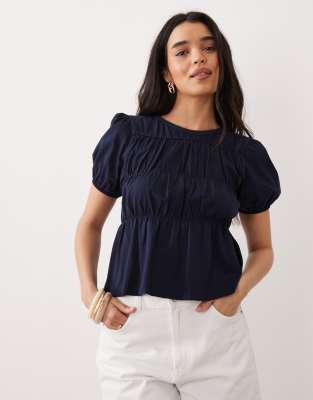 Miss Selfridge Shirred Peplum Top In Blue