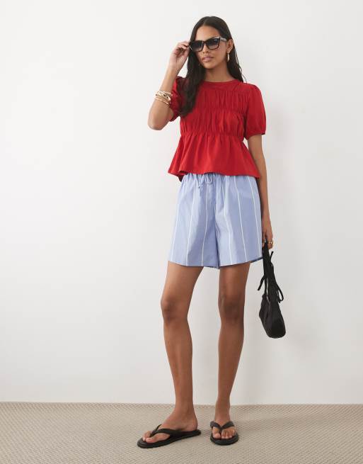 Miss Selfridge shirred peplum top in red, 2 of 4