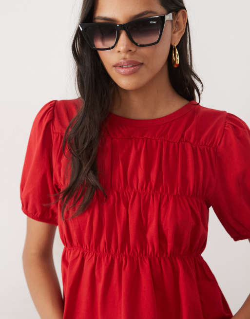 Miss Selfridge shirred peplum top in red, 3 of 4