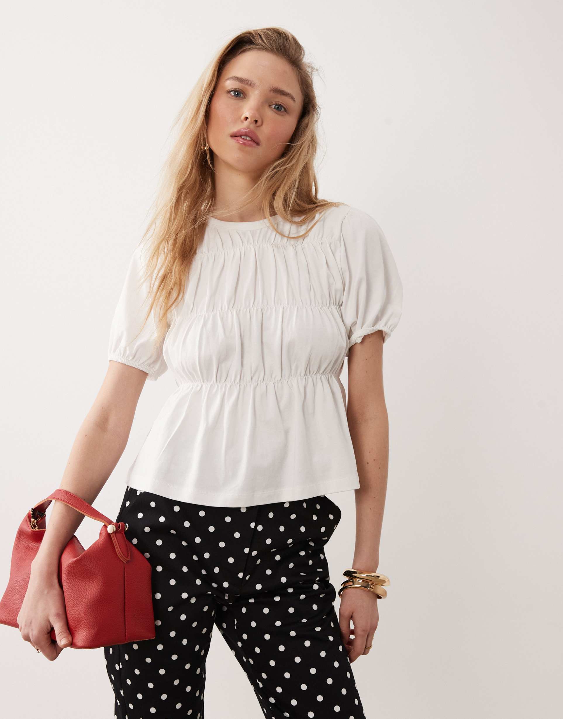 miss selfridge shirred peplum top in white