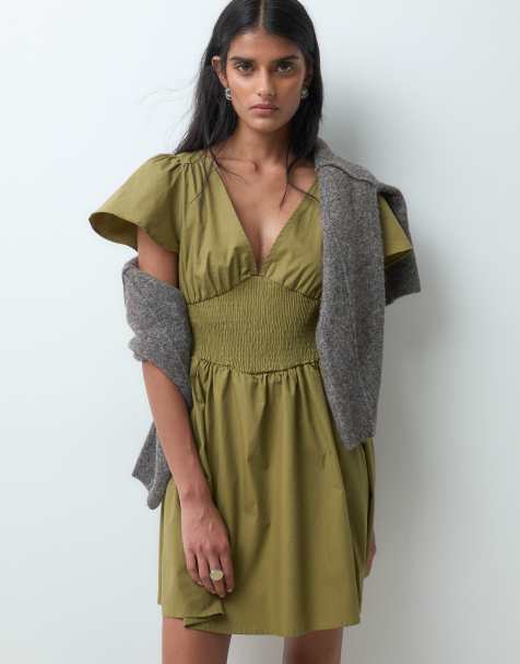 Miss Selfridge shirred poplin mini dress in olive