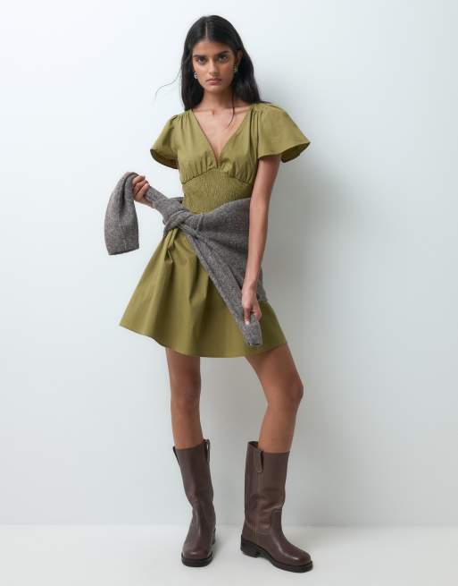 Miss Selfridge shirred poplin mini dress in olive, 4 of 5