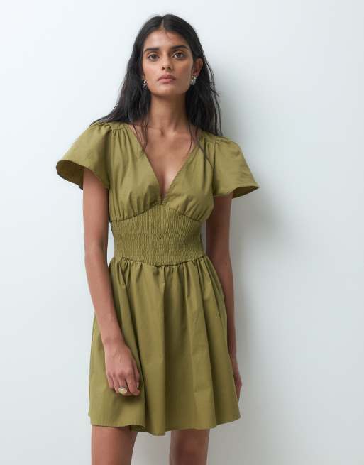 Miss Selfridge shirred poplin mini dress in olive, 5 of 5