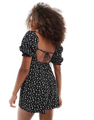 Miss Selfridge shirred puff sleeve romper in dark print