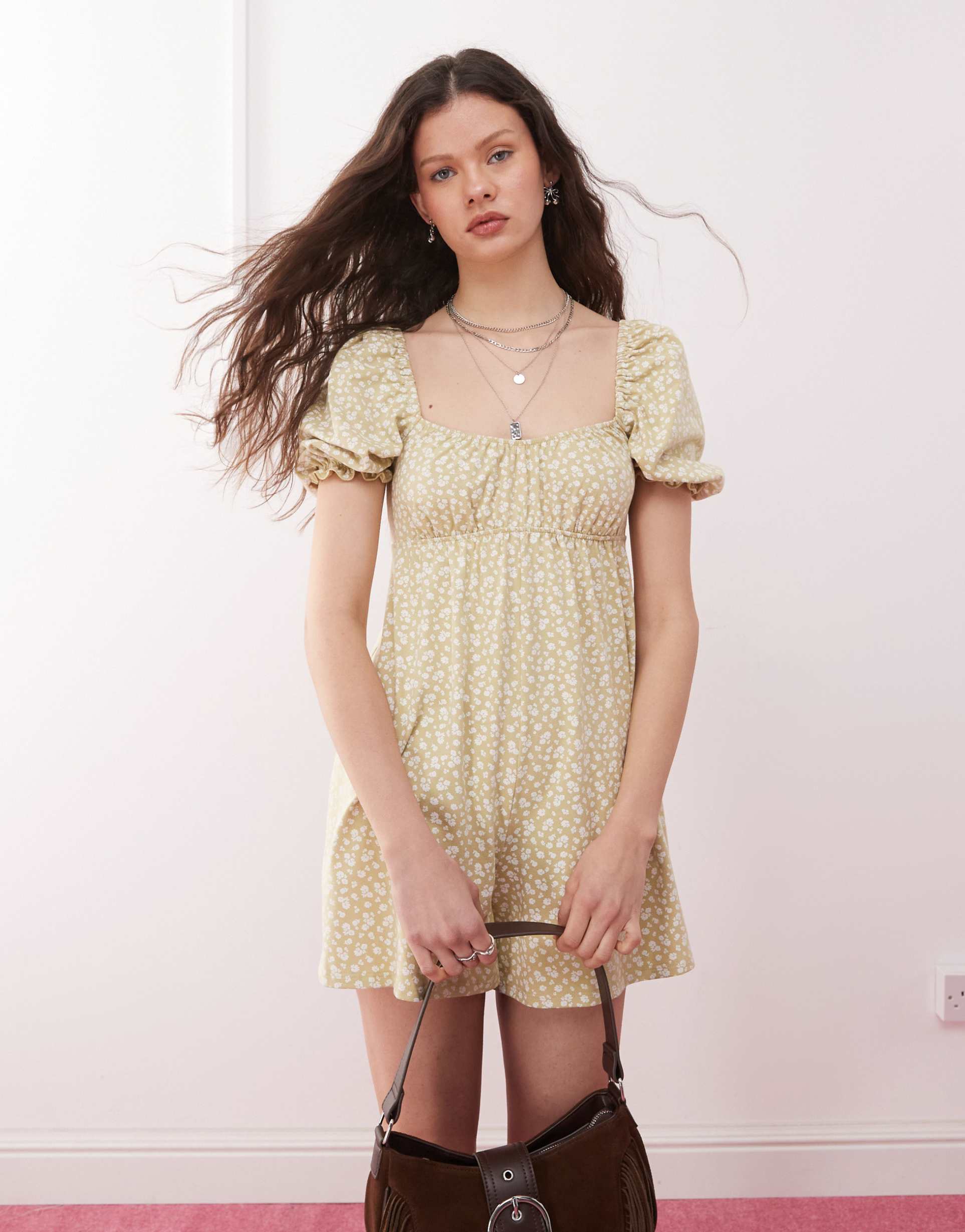 miss selfridge shirred puff sleeve romper in light print