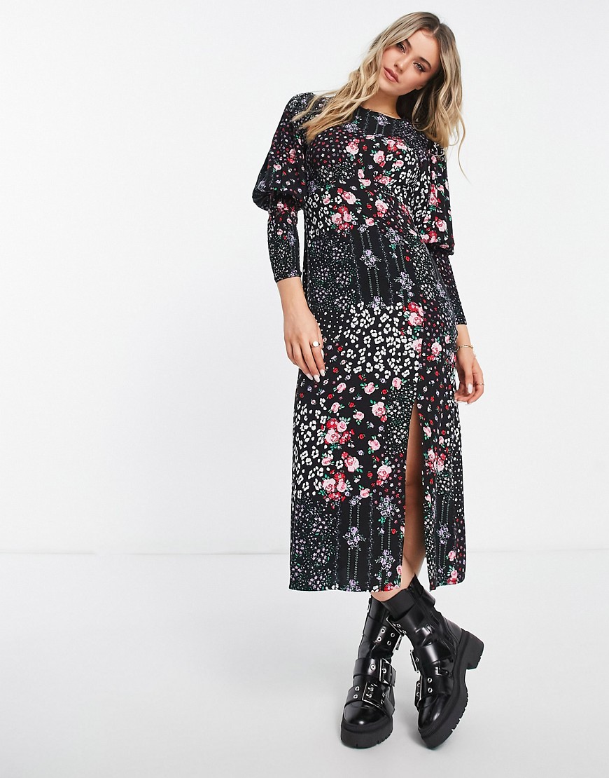 Miss Selfridge shirred sleeve midi tea dress in patchwork floral-Black