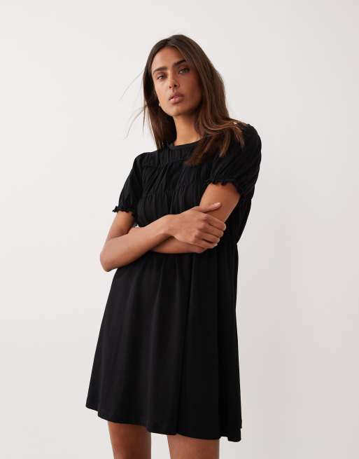 Miss Selfridge shirred smock mini dress in black, 2 of 4