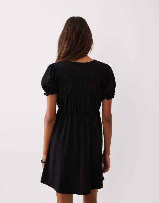 Miss Selfridge shirred smock mini dress in black, 4 of 4