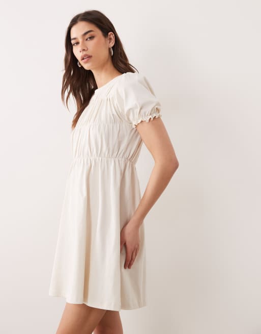 Miss Selfridge shirred smock mini dress in cream, 2 of 4
