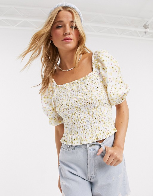 Miss Selfridge shirred square neck blouse in yellow floral