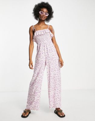 Miss Selfridge Shirred Strappy Jumpsuit In Lilac Ditsy-purple