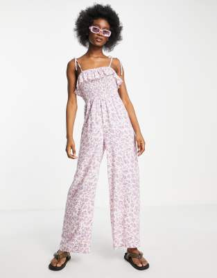 Miss Selfridge shirred strappy jumpsuit in lilac ditsy  - ASOS Price Checker