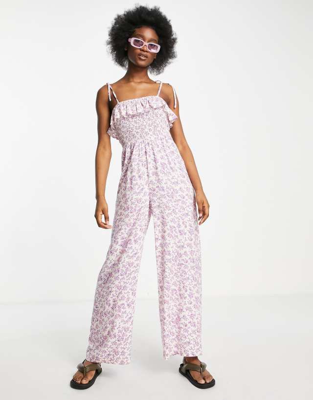 Miss Selfridge shirred strappy jumpsuit in lilac ditsy