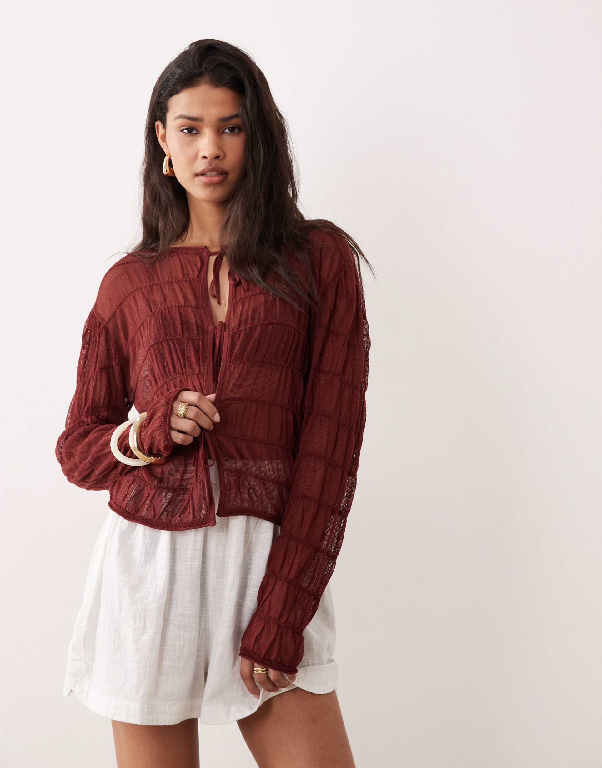 miss selfridge shirred tie front sheer knit cardigan in plum