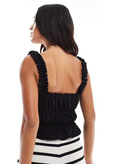 Miss Selfridge shirred tie front top in black