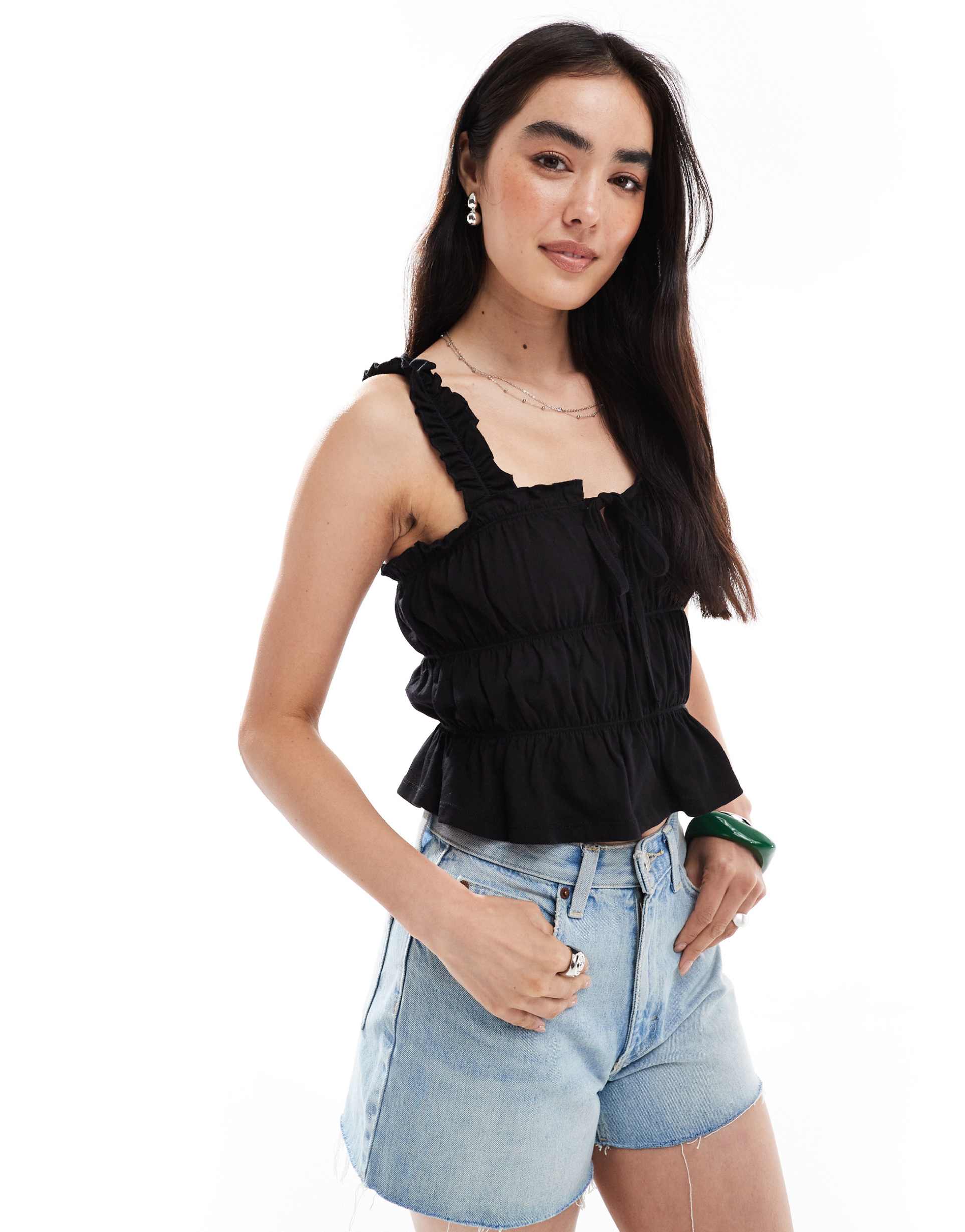 miss selfridge shirred tie front top in black