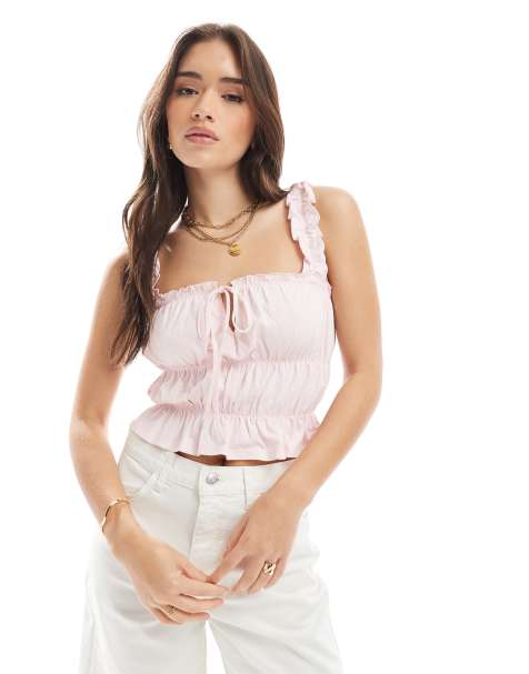 Miss Selfridge shirred tie front top in pale pink - view 1