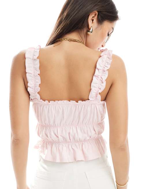 Miss Selfridge shirred tie front top in pale pink