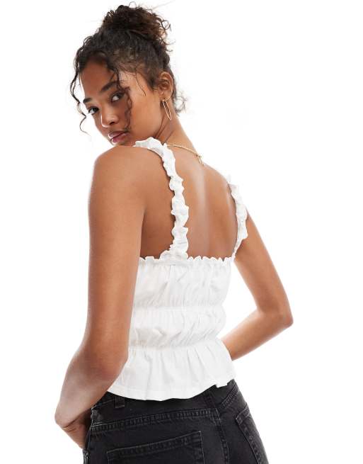 Miss Selfridge shirred tie front top in white