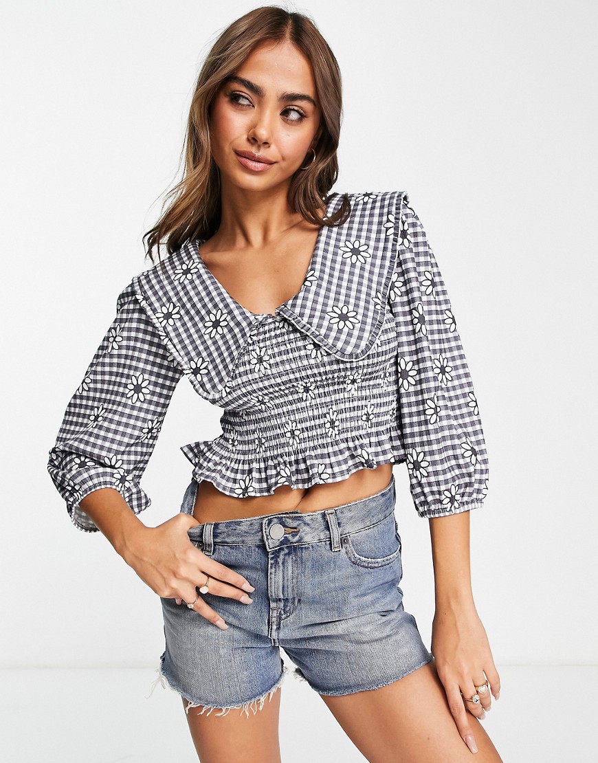 Miss Selfridge shirred top in gingham check-Blue