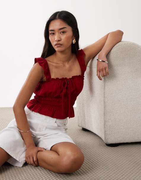 Miss Selfridge shirred top with ruffle sleeve in red - view 1