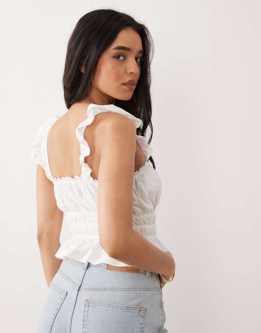 Miss Selfridge shirred top with ruffle sleeve in white, 3 of 4