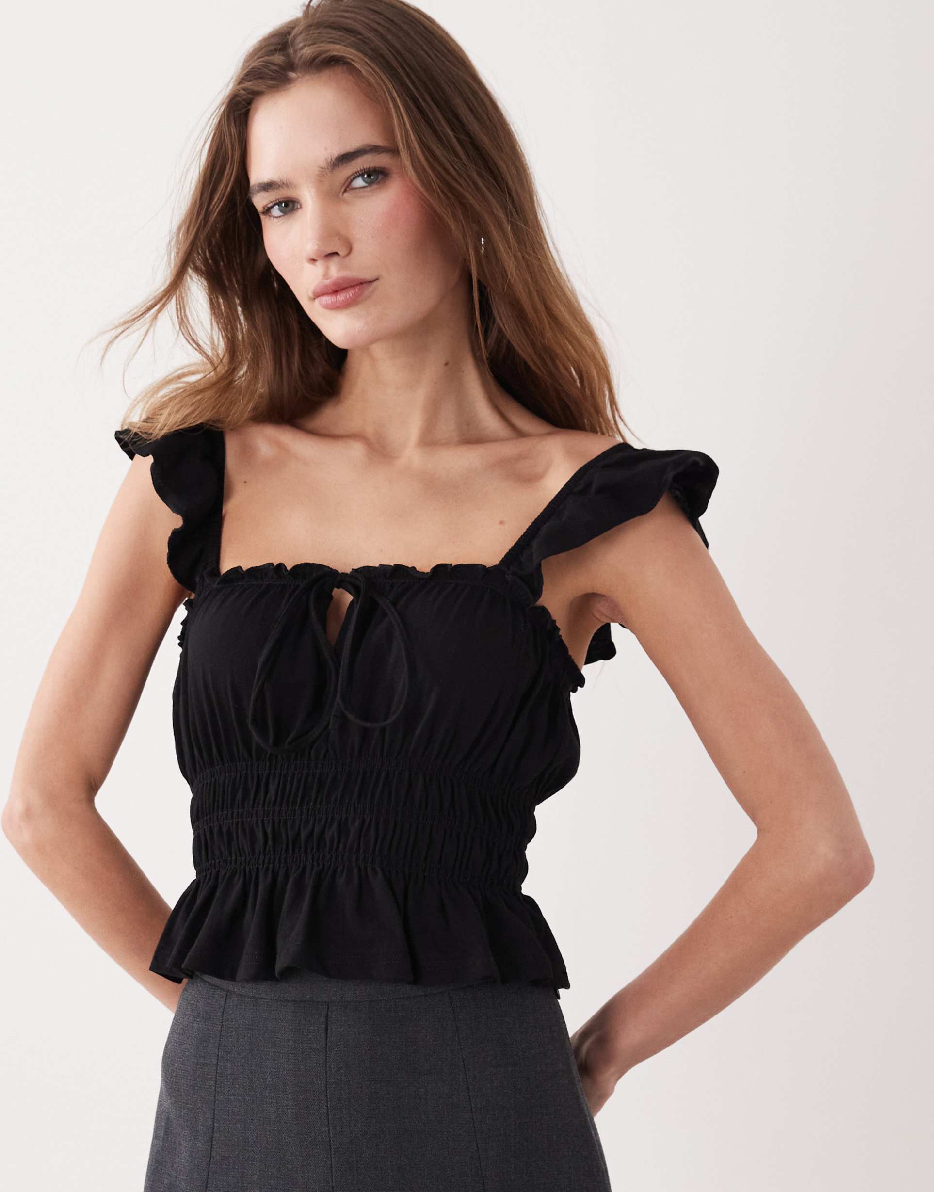 miss selfridge shirred top with ruffle sleeves in black