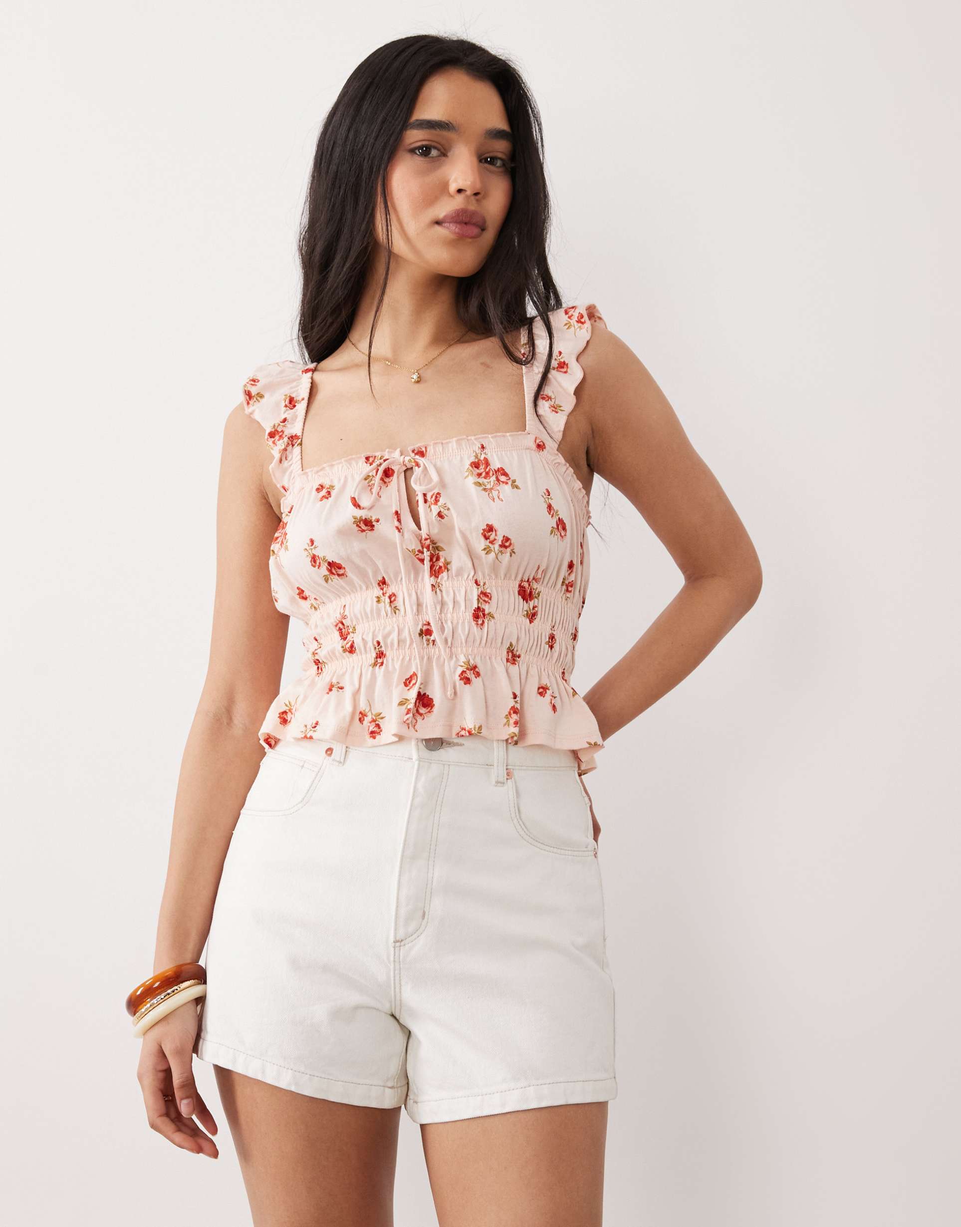 miss selfridge shirred top with ruffle sleeves in floral print